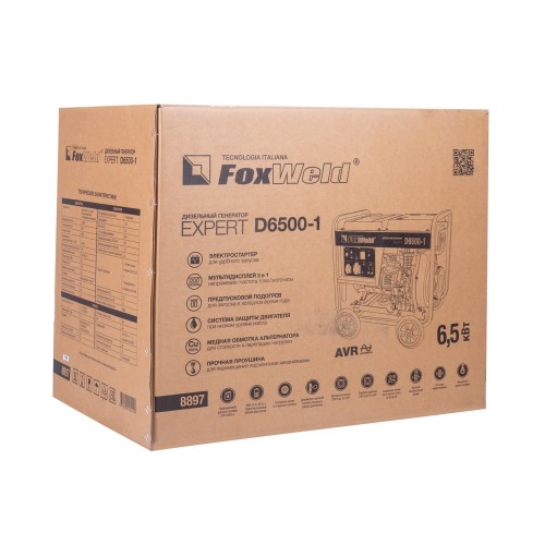 Генератор Дизельный FoxWeld Expert D6500-1 Электростартер 6,5 кВт Блок AVR 0,5 л/ч 